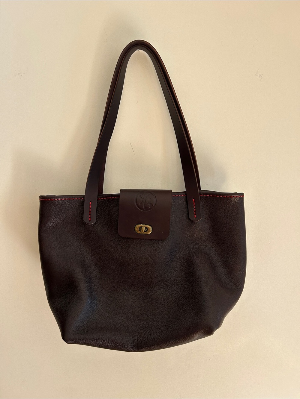 Classic Dark Brown Leather Tote with Red Stitching Large Work Bag